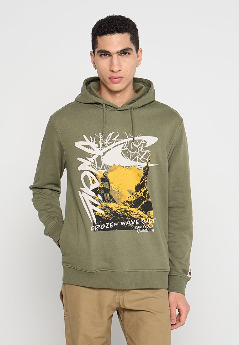 Olivgrüner Hoodie mit grafischem Druck, der weiße und gelbe Designs zeigt. Aus Baumwollmaterial, mit verstellbarem Kordelzug in der Kapuze und entspannter Passform.
