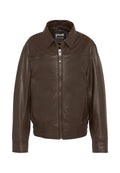 Dunkelbraune Lederjacke für Herren mit Frontreißverschluss, elastischem Bund, Kragen und seitlichen Taschen, innen am Kragen mit Schott-Label versehen.