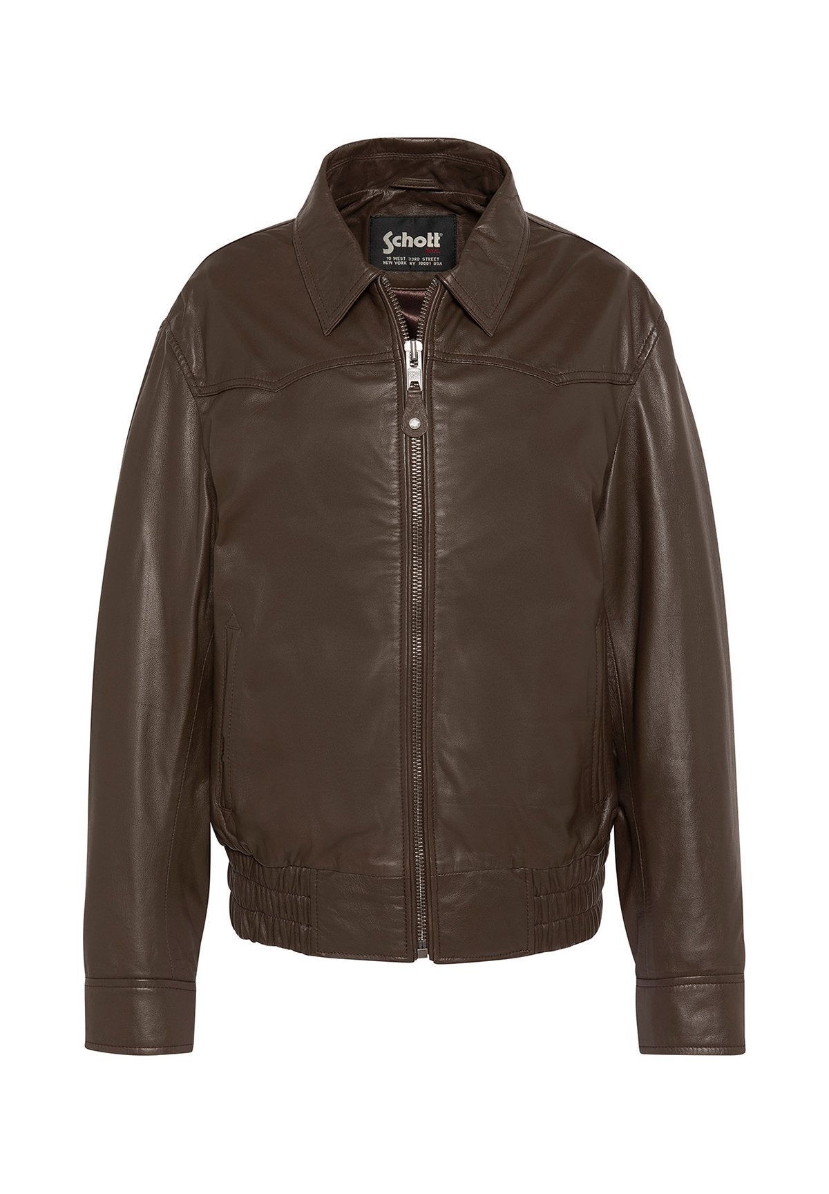 Dunkelbraune Lederjacke für Herren mit Frontreißverschluss, elastischem Bund, Kragen und seitlichen Taschen, innen am Kragen mit Schott-Label versehen.