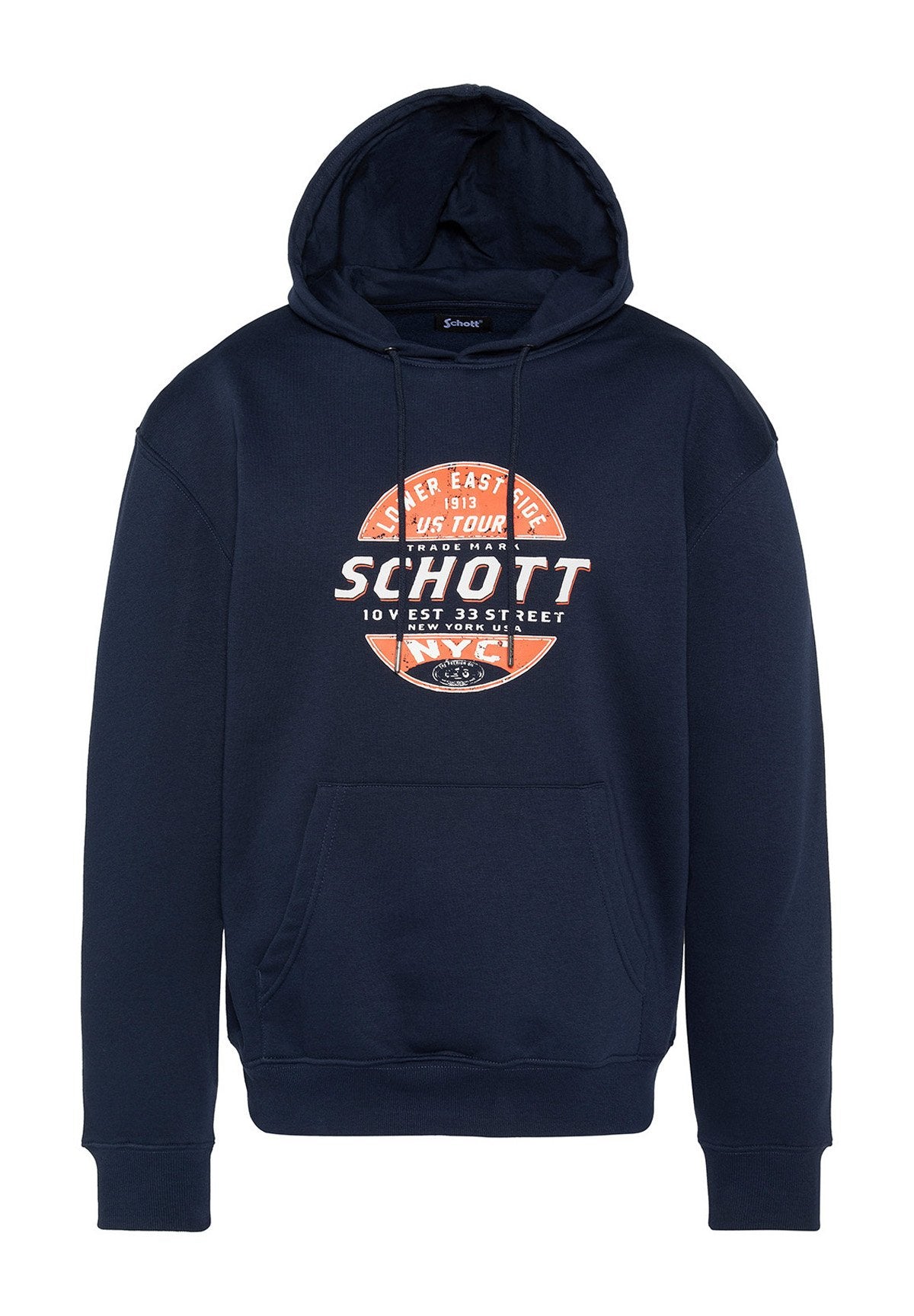 Marineblaues Kapuzen Sweatshirt mit einer Fronttasche, ausgestattet mit einem orange-weißen Grafikdruck. Hergestellt aus einem weichen, strukturierten Stoff.