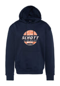 Marineblaues Kapuzen Sweatshirt mit einer Fronttasche, ausgestattet mit einem orange-weißen Grafikdruck. Hergestellt aus einem weichen, strukturierten Stoff.