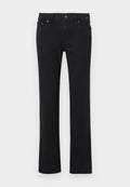 Schwarze Jeans mit geradem Bein, mit vorderer Knopfleiste und Reißverschluss, Gürtelschlaufen sowie Vorder- und Gesäßtaschen, flach auf weißem Hintergrund präsentiert.