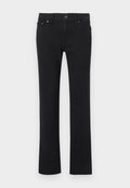 Schwarze Jeans mit geradem Bein, mit vorderer Knopfleiste und Reißverschluss, Gürtelschlaufen sowie Vorder- und Gesäßtaschen, flach auf weißem Hintergrund präsentiert.
