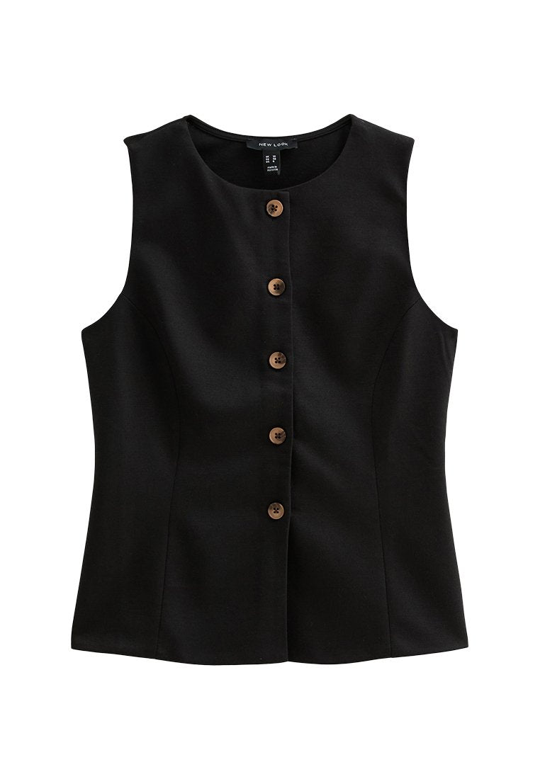 Schwarze ärmellose Bluse mit rundem Ausschnitt, versehen mit einer Vorderseite aus sechs braunen Knöpfen und tailliertem Schnitt. Hergestellt aus glattem Stoff.