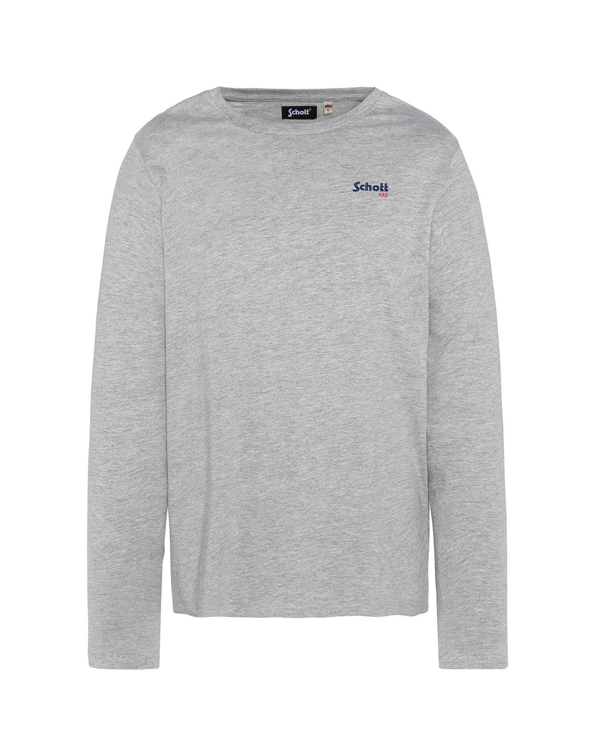 Graues Langarm-T-Shirt aus weichem Stoff. Mit Rundhalsausschnitt und kleinem blauen und roten "Schott"-Logo auf der Brust.