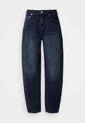 Dunkelblaue Jeans aus Denim mit lockerem Schnitt, ausgestattet mit hoher Taille, geradem Bein und klassischem Fünf-Taschen-Design.