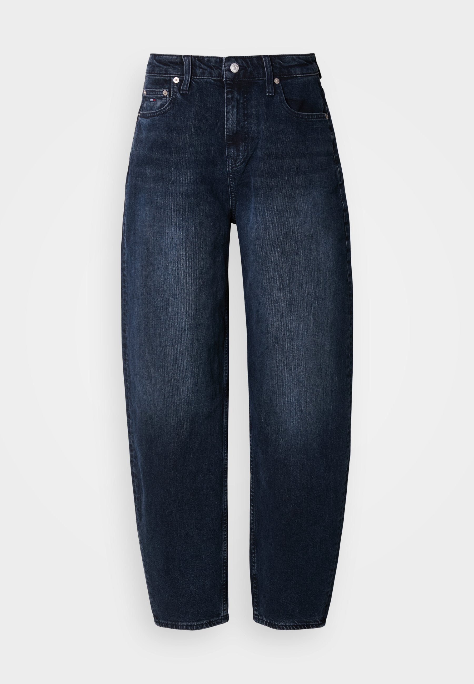 Dunkelblaue Jeans aus Denim mit lockerem Schnitt, ausgestattet mit hoher Taille, geradem Bein und klassischem Fünf-Taschen-Design.