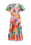 Farbenfrohes Wickelkleid mit Puffärmeln, Blumen- und Punktenmustern in Rosa-, Grün-, Orange- und Blautönen, mit einem gestuften Rock.