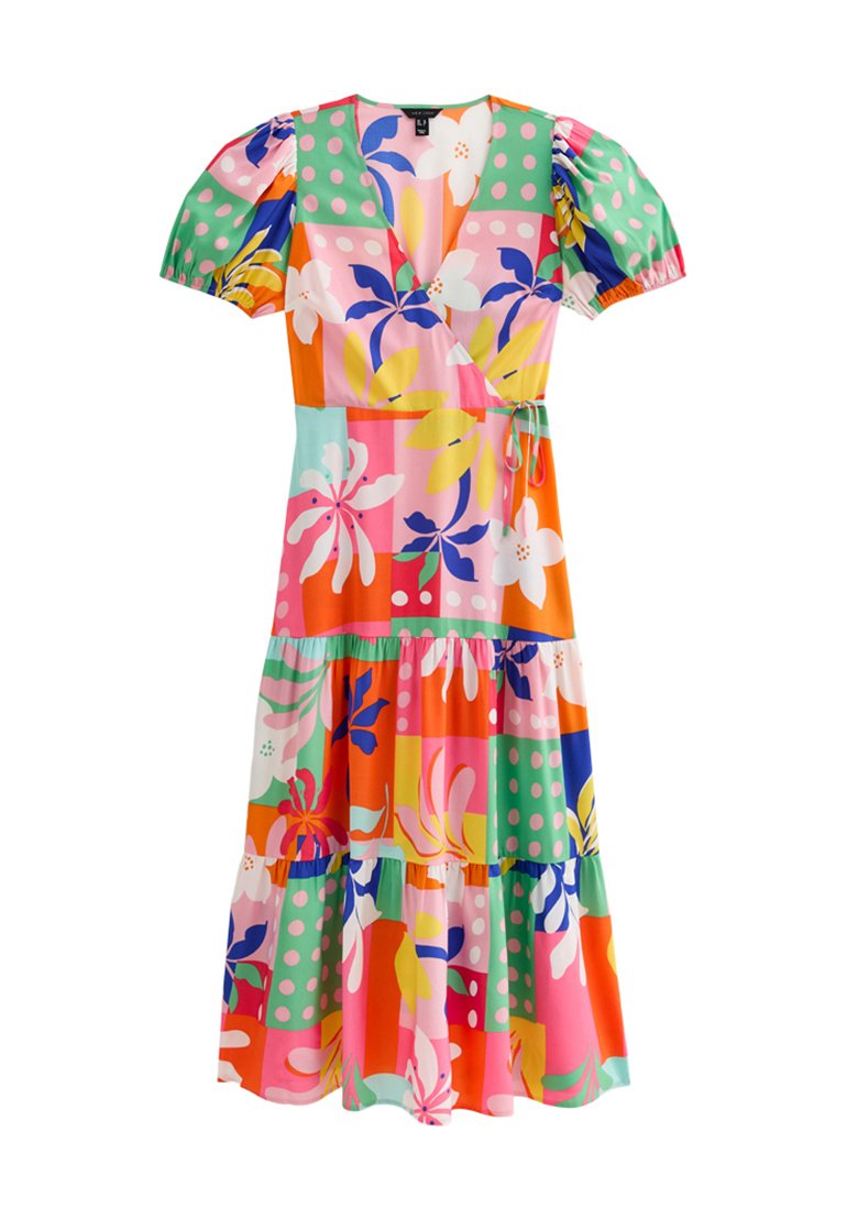 Farbenfrohes Wickelkleid mit Puffärmeln, Blumen- und Punktenmustern in Rosa-, Grün-, Orange- und Blautönen, mit einem gestuften Rock.