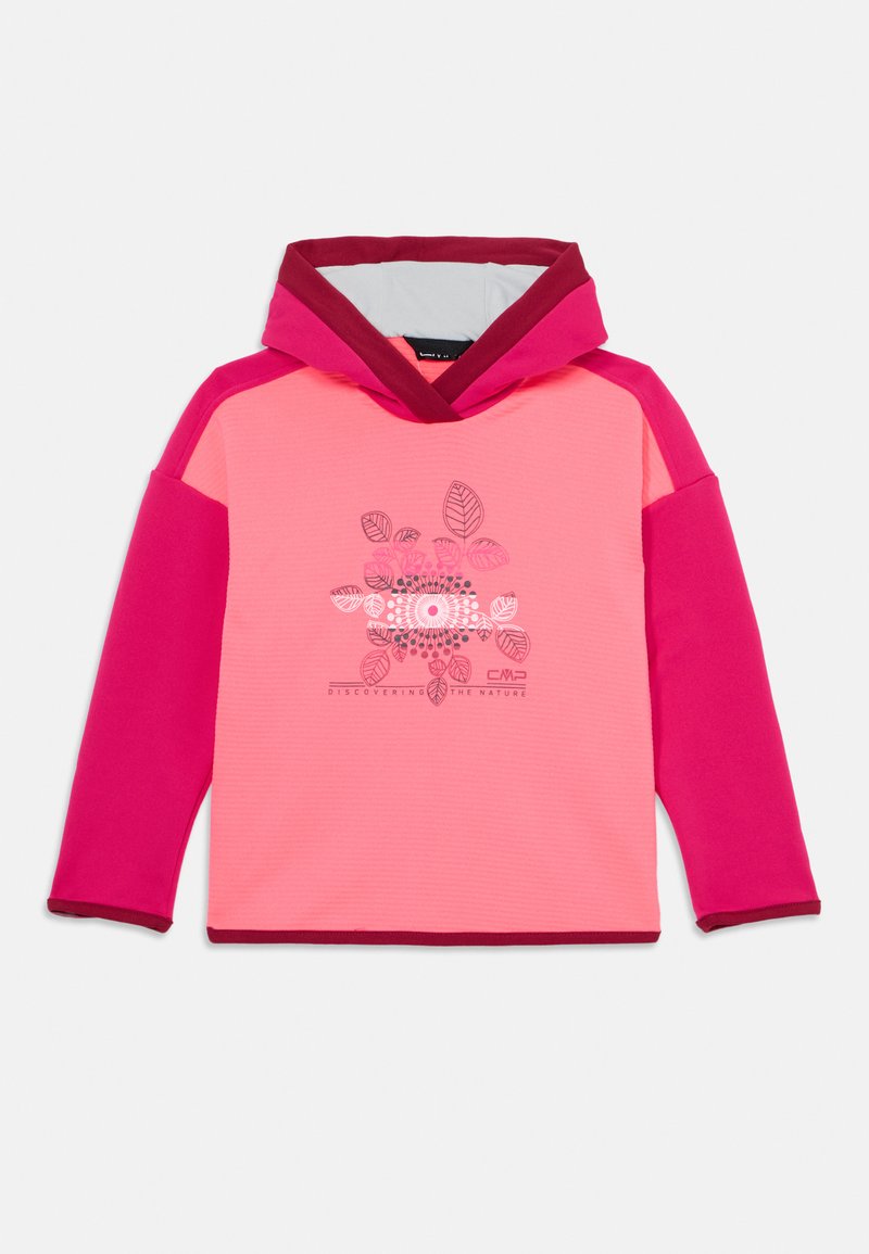 Rosa und magenta Kapuzensweatshirt mit Blatt- und kreisförmigem Grafikdesign sowie dem Text "Entdecke die Natur" auf der Vorderseite.