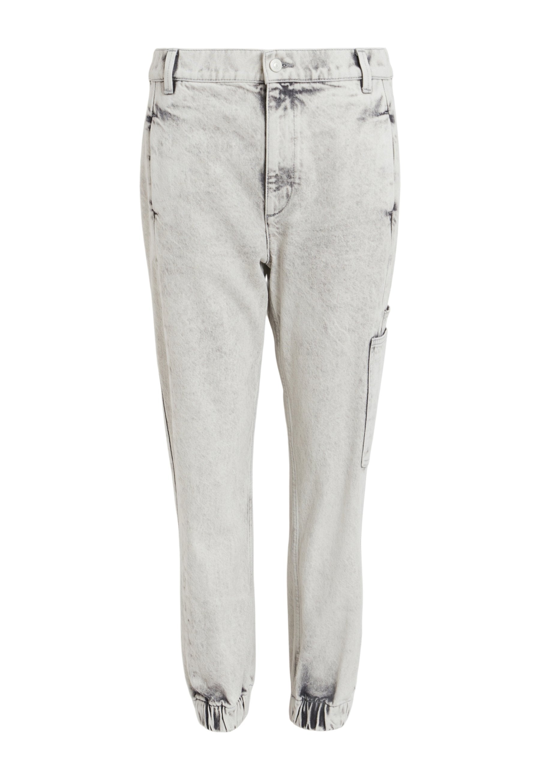 Hellgraue Cargohosen mit Acid-Wash-Effekt, elastischen Bündchen, Seitentaschen, Gürtelschlaufen und vorderer Knopfverschluss.
