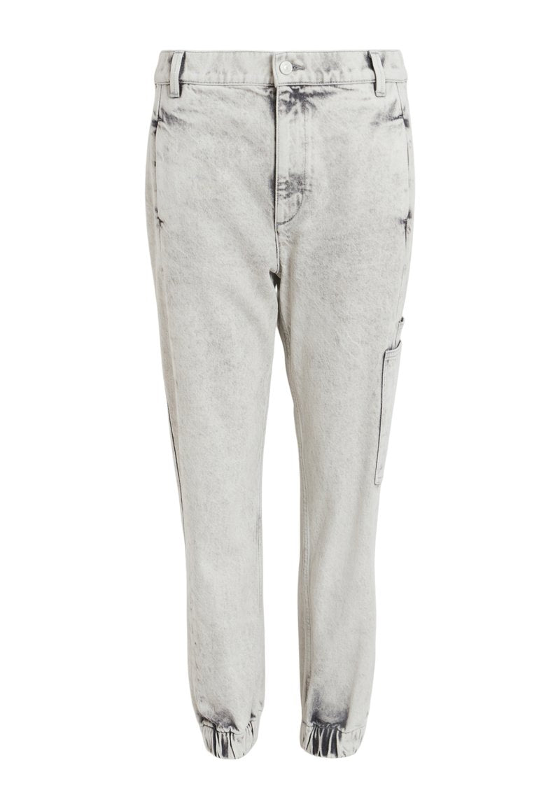Hellgraue Cargohosen mit Acid-Wash-Effekt, elastischen Bündchen, Seitentaschen, Gürtelschlaufen und vorderer Knopfverschluss.