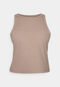 Ärmelloses, geripptes Cropped-Top in hellem Taupe mit hohem, rundem Ausschnitt und taillierter Silhouette.