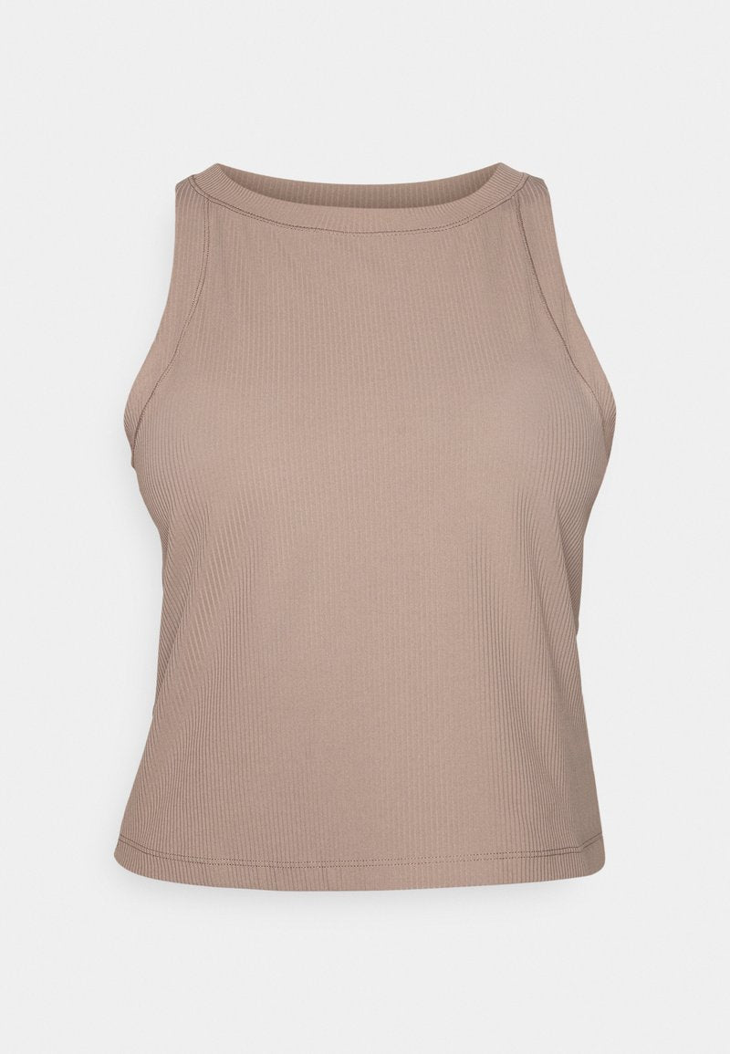 Ärmelloses, geripptes Cropped-Top in hellem Taupe mit hohem, rundem Ausschnitt und taillierter Silhouette.