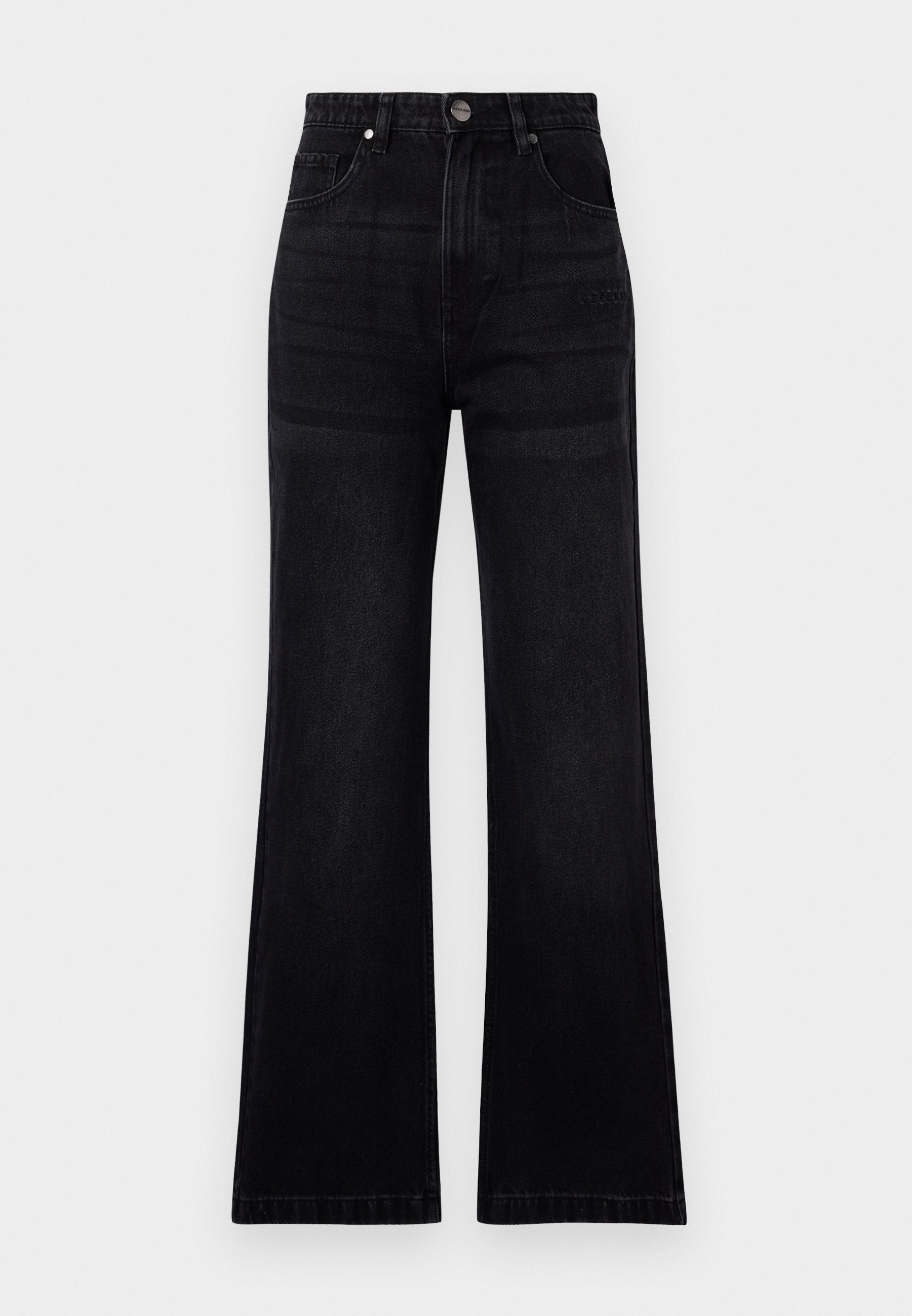 Schwarze, weit geschnittene Jeans aus Denim, mit hoher Taille, Fünf-Taschen-Design und einem dezenten Glanz. Metallknopfverschluss vorne.