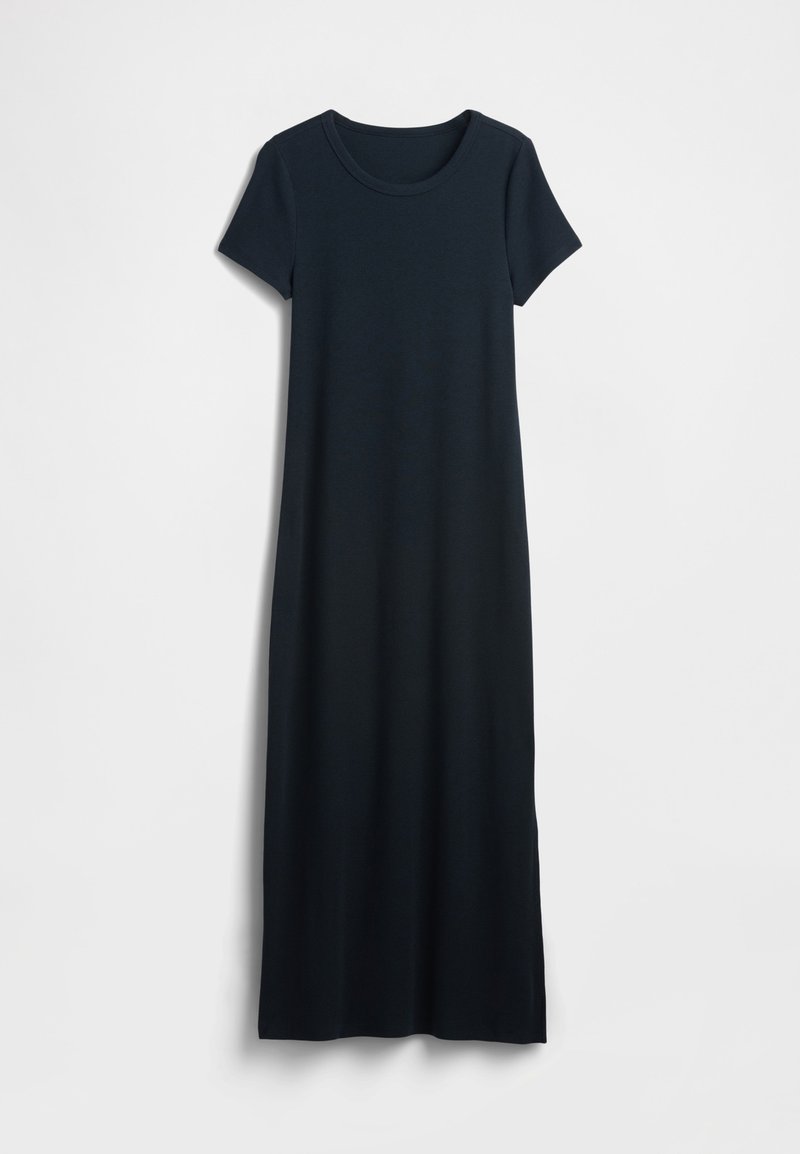 Marineblaues, knielanges Kleid aus weichem Jersey-Stoff. Mit rundem Ausschnitt und kurzen Ärmeln, dazu eine einfache, gerade Silhouette.