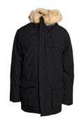 Schwarze Parka-Jacke mit Kapuze, die mit Kunstpelz gefüttert ist, Fronttaschen, verstellbarem Kordelzug und geradem Schnitt. Glatte Textur.