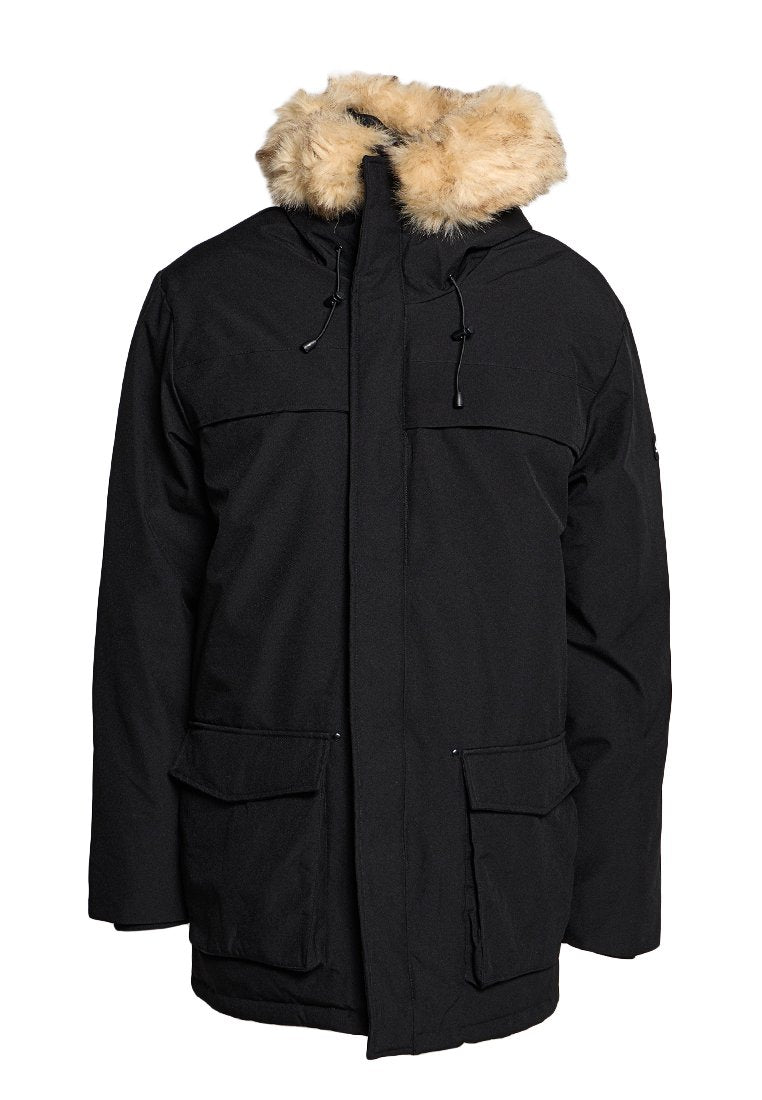 Schwarze Parka-Jacke mit Kapuze, die mit Kunstpelz gefüttert ist, Fronttaschen, verstellbarem Kordelzug und geradem Schnitt. Glatte Textur.