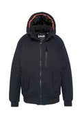 Marineblaue Jacke mit glänzendem Futter, verstellbarer Kapuze, zwei großen Seitentaschen und einem Reißverschluss vorne. Mit schwarzen und orangefarbenen Akzenten.