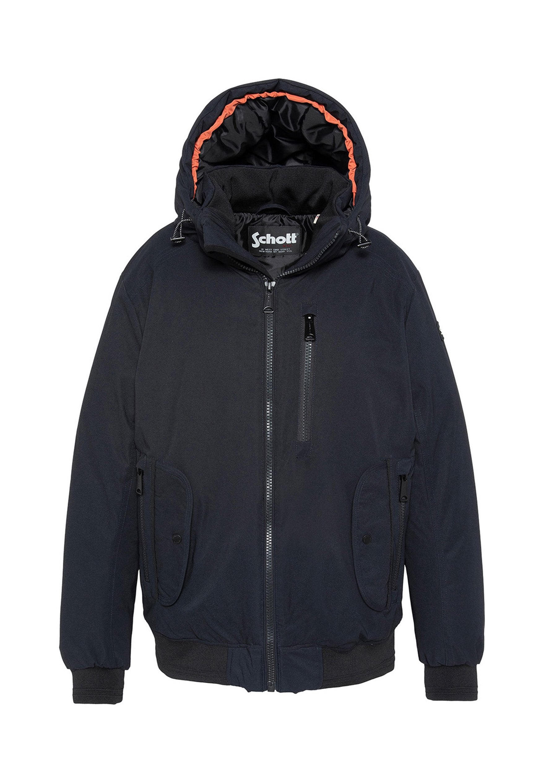 Marineblaue Jacke mit glänzendem Futter, verstellbarer Kapuze, zwei großen Seitentaschen und einem Reißverschluss vorne. Mit schwarzen und orangefarbenen Akzenten.