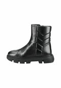 Schwarze Leder-Ankle-Boots mit runder Zehenpartie, strukturierten seitlichen Akzenten und einer dicken Gummisohle mit tiefen Rillen für besseren Halt.