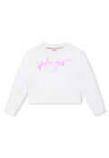 Weißer, kurzer Sweatshirt mit einer Fronttasche, das ein glänzendes pinkes "Hugo"-Logo in Schreibschrift trägt. Rippstrickbündchen und Saum.