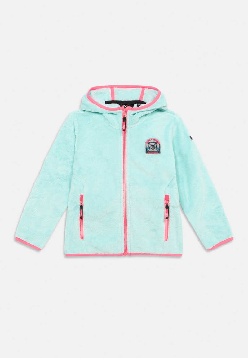 Hellblaue Fleecejacke mit Kapuze, rosa Akzenten, durchgehendem Reißverschluss vorn und zwei Reißverschlusstaschen. Mit einem auf der Brust aufgestickten Logo.