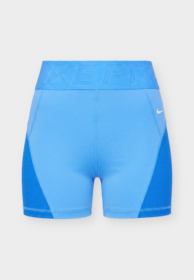 Blaue Nike Pro Kompressionsshorts mit Mesh-Seitenteilen und einem hohen Bund mit dem eingeprägten Schriftzug "NIKE PRO".
