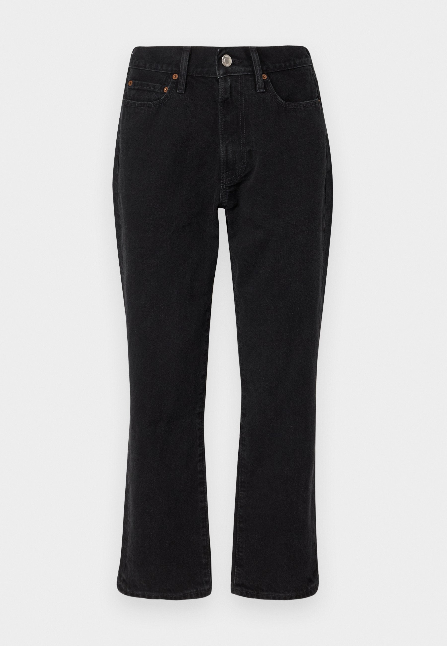 Schwarze Jeans aus Denim mit geradem Bein, Fünf-Taschen-Design und metallischen Elementen mit Kupferakzenten. Glatte Textur und mittelhoher Bund.