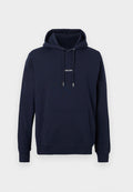 Marineblauer Kapuzenpullover mit Fronttasche, Kordelzugkapuze und kleinem weißen Text "LES DEU" mittig auf der Brust.