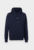 Marineblauer Kapuzenpullover mit Fronttasche, Kordelzugkapuze und kleinem weißen Text "LES DEU" mittig auf der Brust.