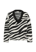 Gestreifter Pullover in Schwarz-Weiß mit V-Ausschnitt, weichem Material und lockerer Passform. Aus einem flauschigen Stoff mit einem auffälligen Zebramuster gefertigt.