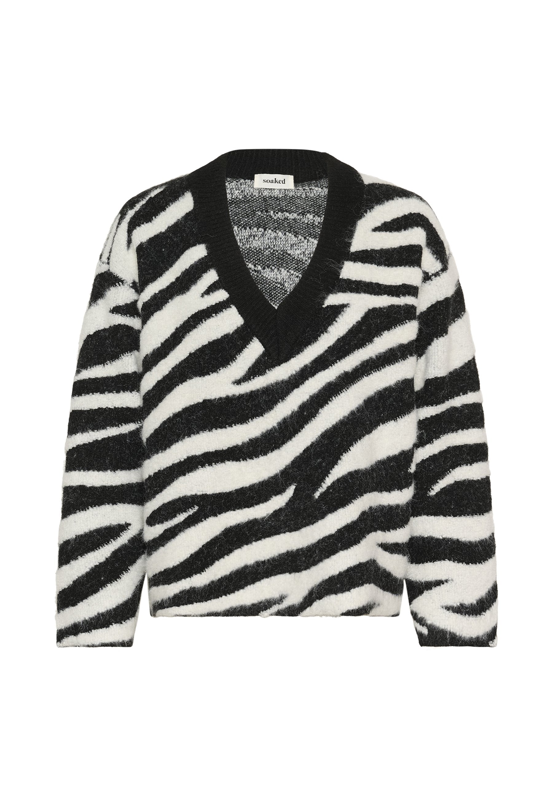 Gestreifter Pullover in Schwarz-Weiß mit V-Ausschnitt, weichem Material und lockerer Passform. Aus einem flauschigen Stoff mit einem auffälligen Zebramuster gefertigt.