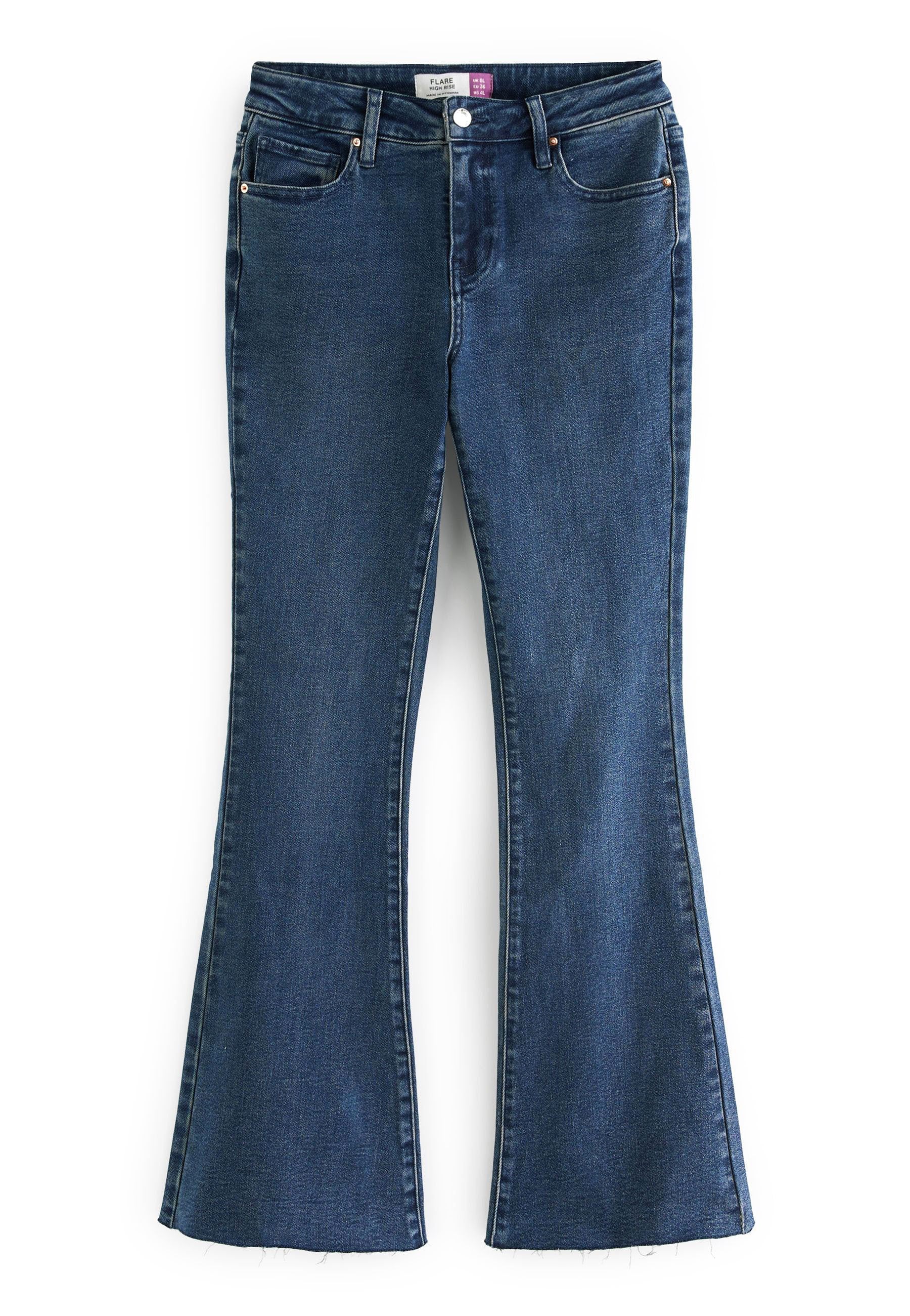 Dunkelblaue Jeans mit weitem Bein, mit hoher Taille, fünf Taschen und einem rohen Saumabschluss an den Säumen.