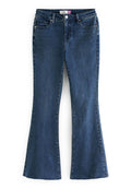Dunkelblaue Jeans mit weitem Bein, mit hoher Taille, fünf Taschen und einem rohen Saumabschluss an den Säumen.