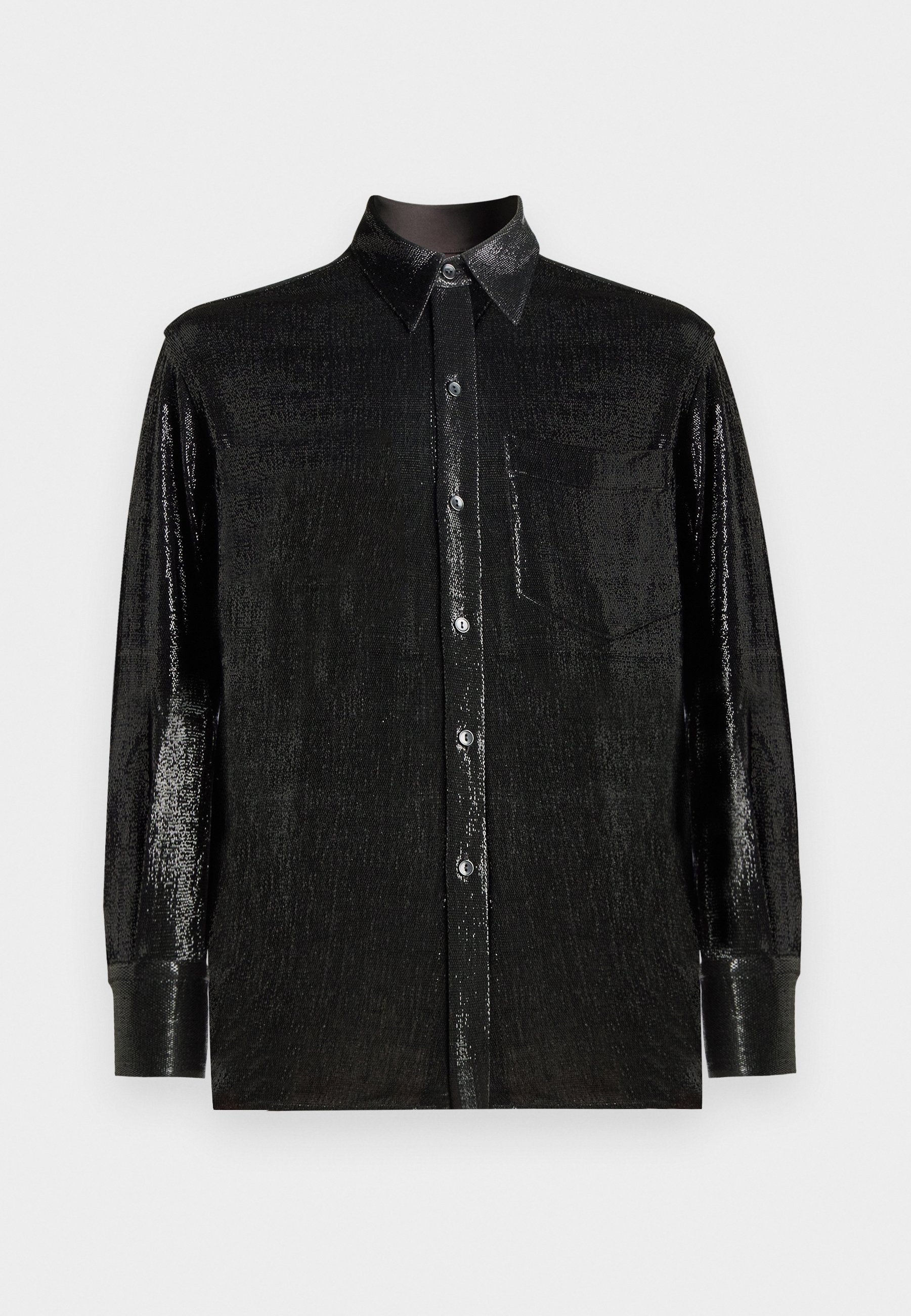 Schwarzes Langarmhemd aus glänzendem, strukturiertem Stoff. Mit einem Button-Down-Kragen, einer Brusttasche und Knopfverschluss.