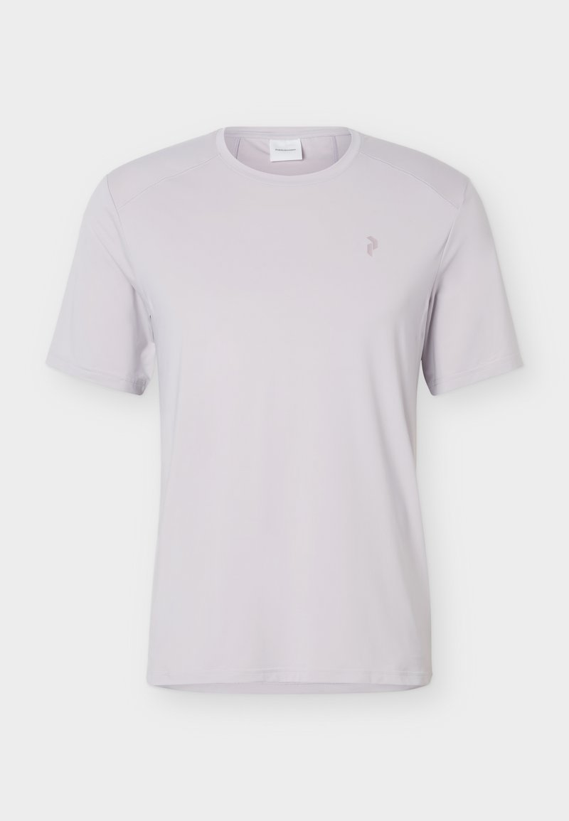Kurzärmeliges, hellgraues T-Shirt mit Rundhalsausschnitt und kleinem Logo auf der linken Brust, dargestellt auf weißem Hintergrund.