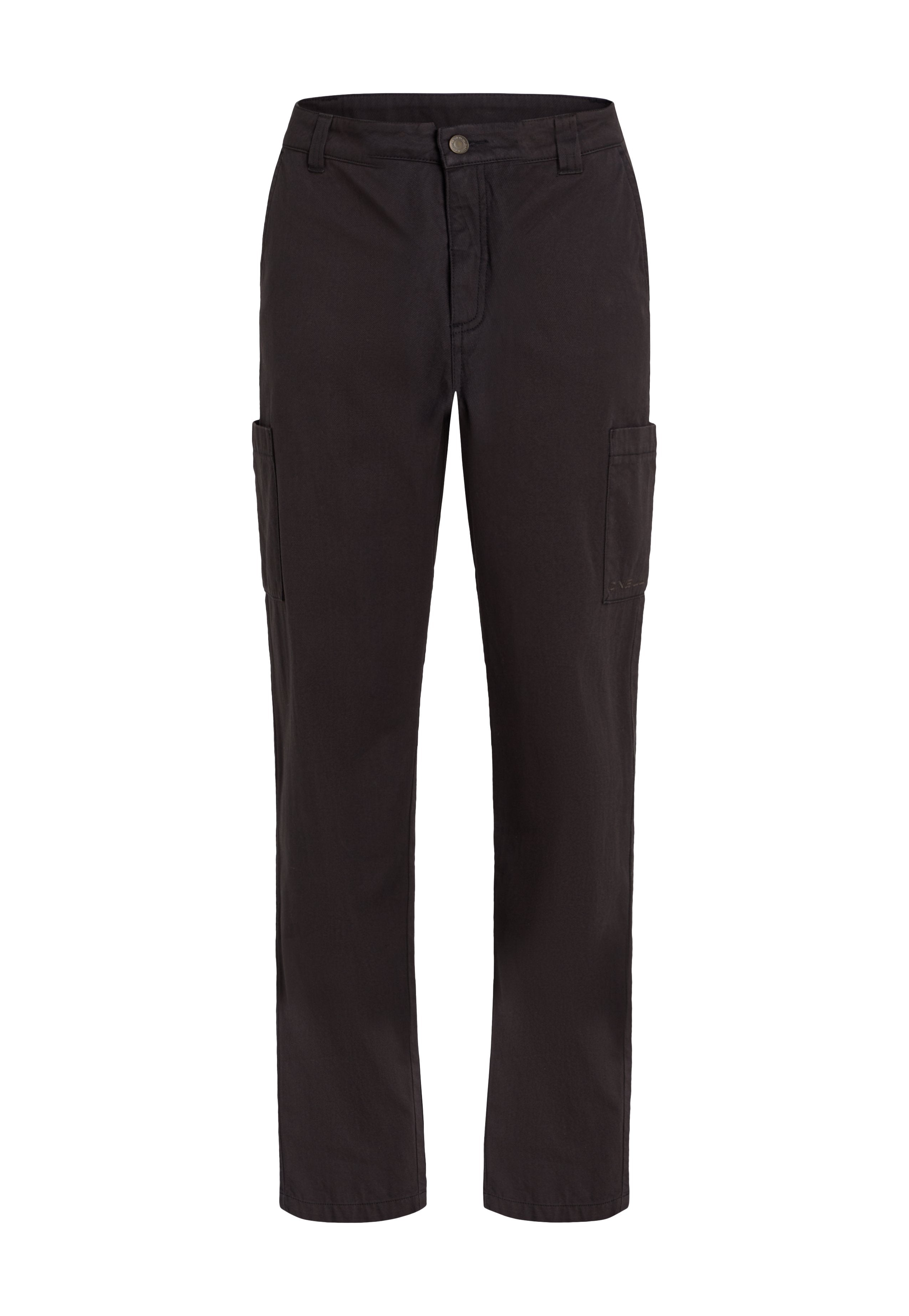 Schwarze Cargo-Hosen mit geradem Bein, ausgestattet mit Seitentaschen und einem Knopfverschluss. Hergestellt aus strapazierfähigem Stoff, mit sauberem Finish.