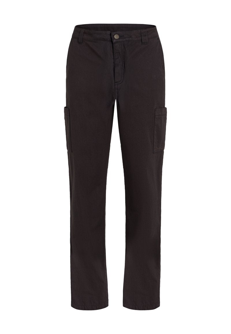 Schwarze Cargo-Hosen mit geradem Bein, ausgestattet mit Seitentaschen und einem Knopfverschluss. Hergestellt aus strapazierfähigem Stoff, mit sauberem Finish.