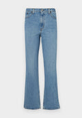 Hellblaue Jeans mit weitem Bein und hoher Taille, ausgestattet mit fünf Taschen, Gürtelschlaufen und einem ausgewaschenen Finish.