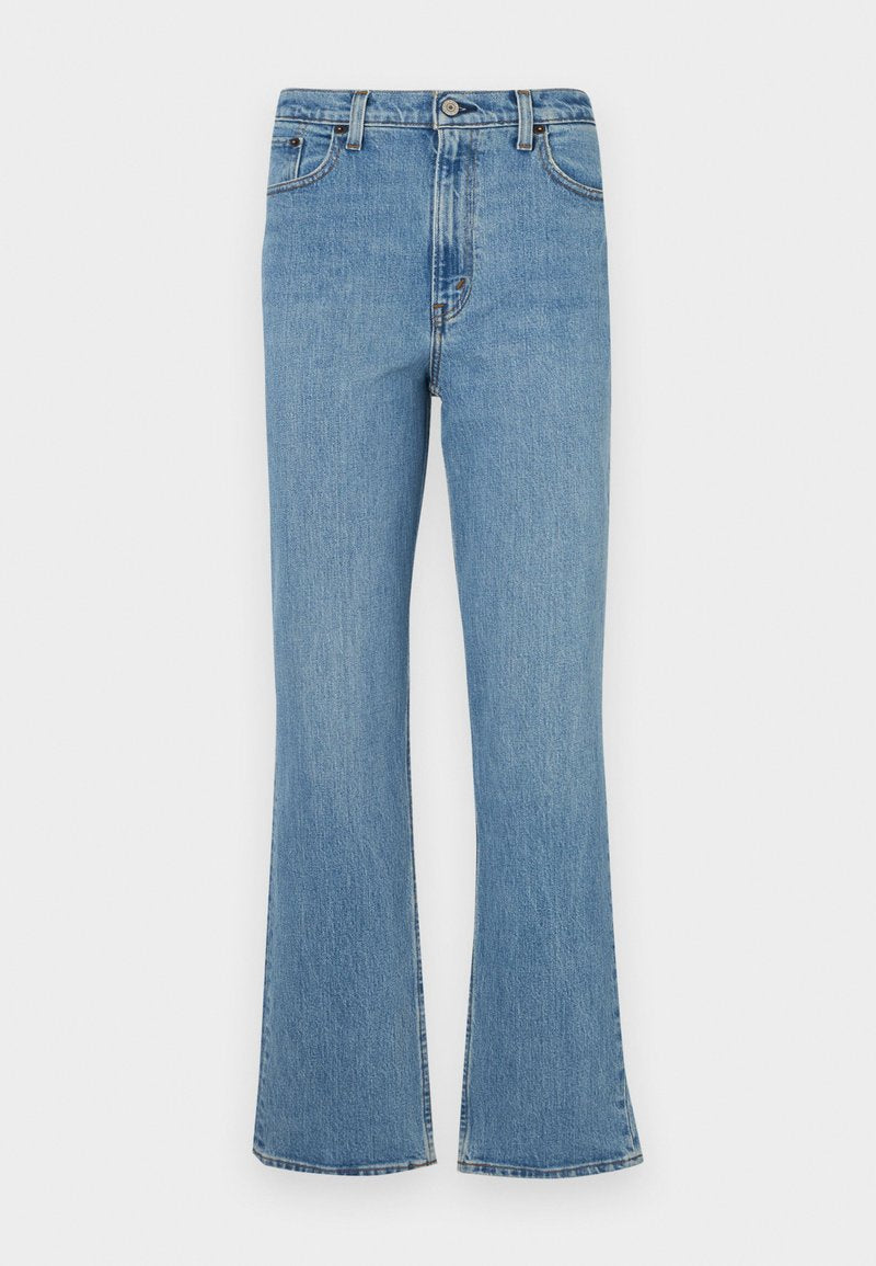 Hellblaue Jeans mit weitem Bein und hoher Taille, ausgestattet mit fünf Taschen, Gürtelschlaufen und einem ausgewaschenen Finish.
