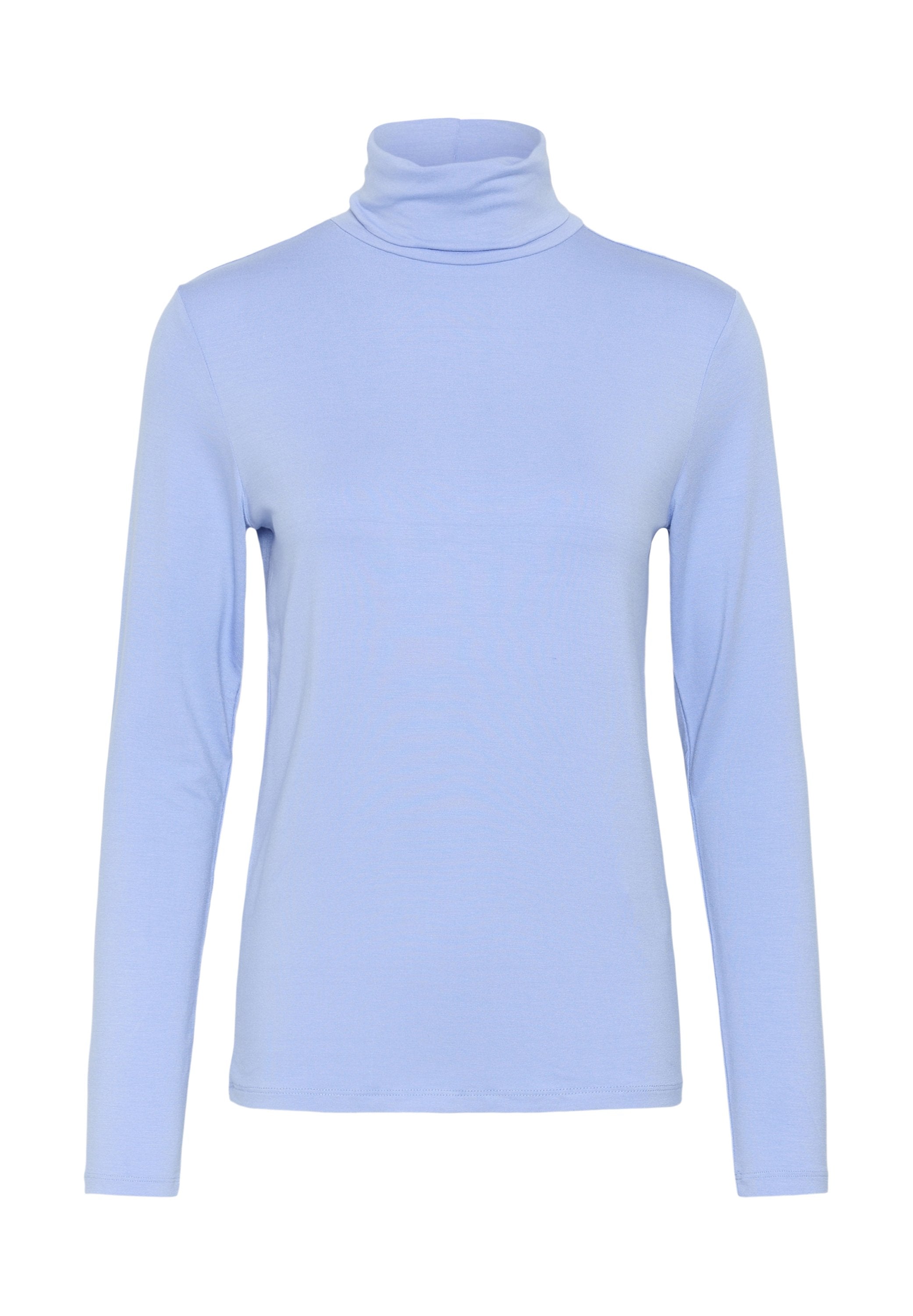 Hellblaues Langarm-Shirt mit Rollkragen und körperbetonter Silhouette, abgebildet vor einem schlichten weißen Hintergrund.