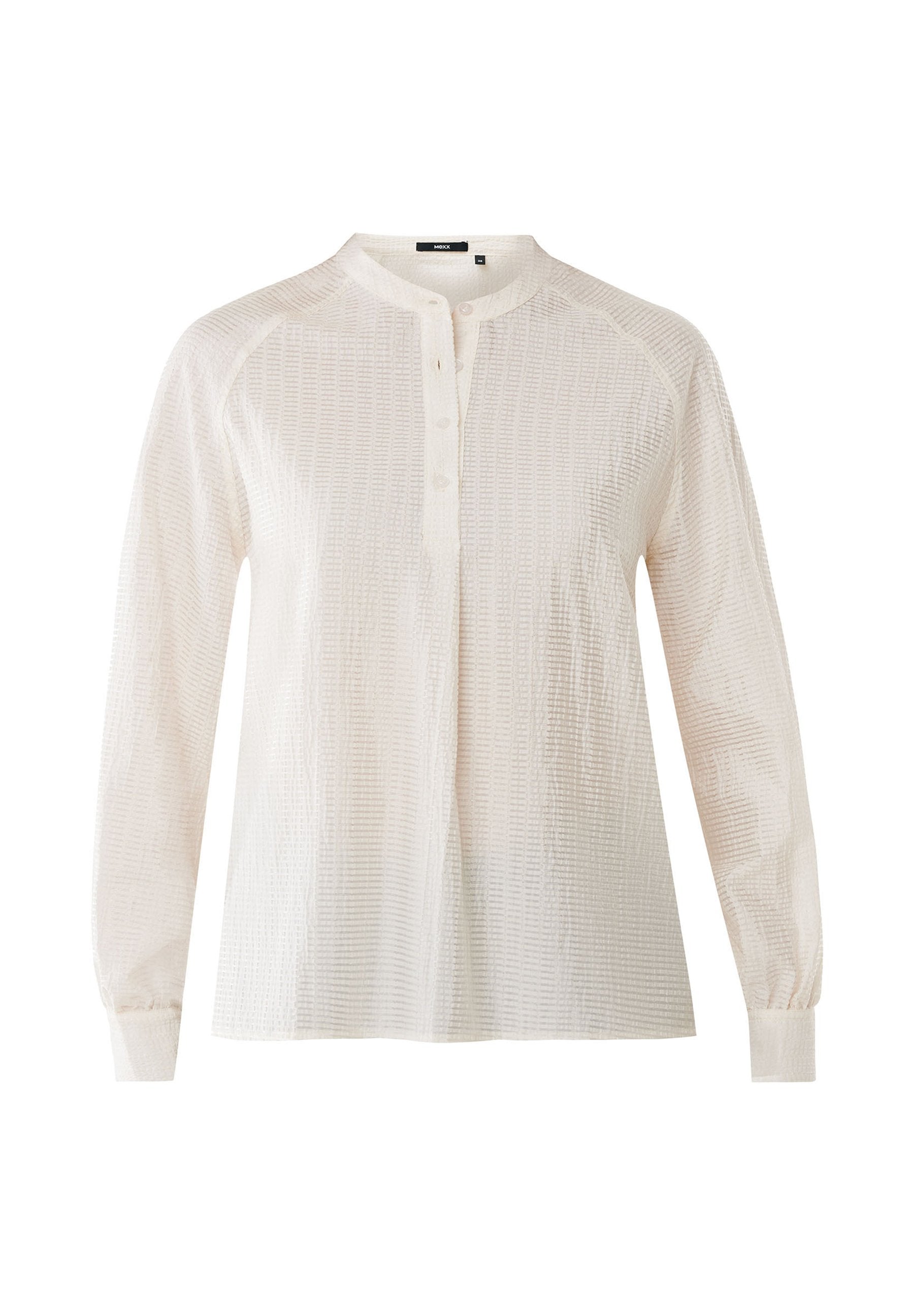 Weißes Langarmshirt mit Stehkragen, strukturiertem Stoff, Vorderknöpfen und Raglanärmel. Lockere Passform mit sanftem Glanz.