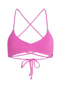 Rosa Bikini-Oberteil mit überkreuztem Rückendesign. Verfügt über dünne Träger und eine Schnürung am Rücken. Glatter, elastischer Stoff.