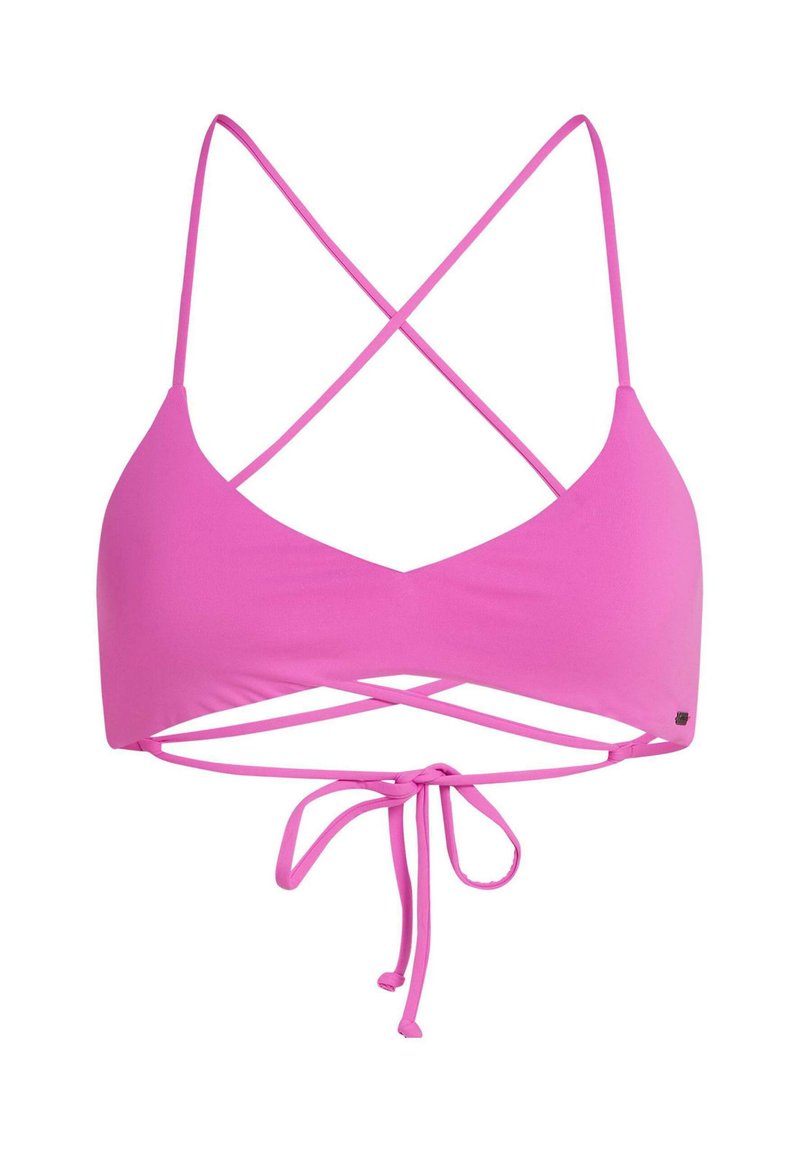 Rosa Bikini-Oberteil mit überkreuztem Rückendesign. Verfügt über dünne Träger und eine Schnürung am Rücken. Glatter, elastischer Stoff.