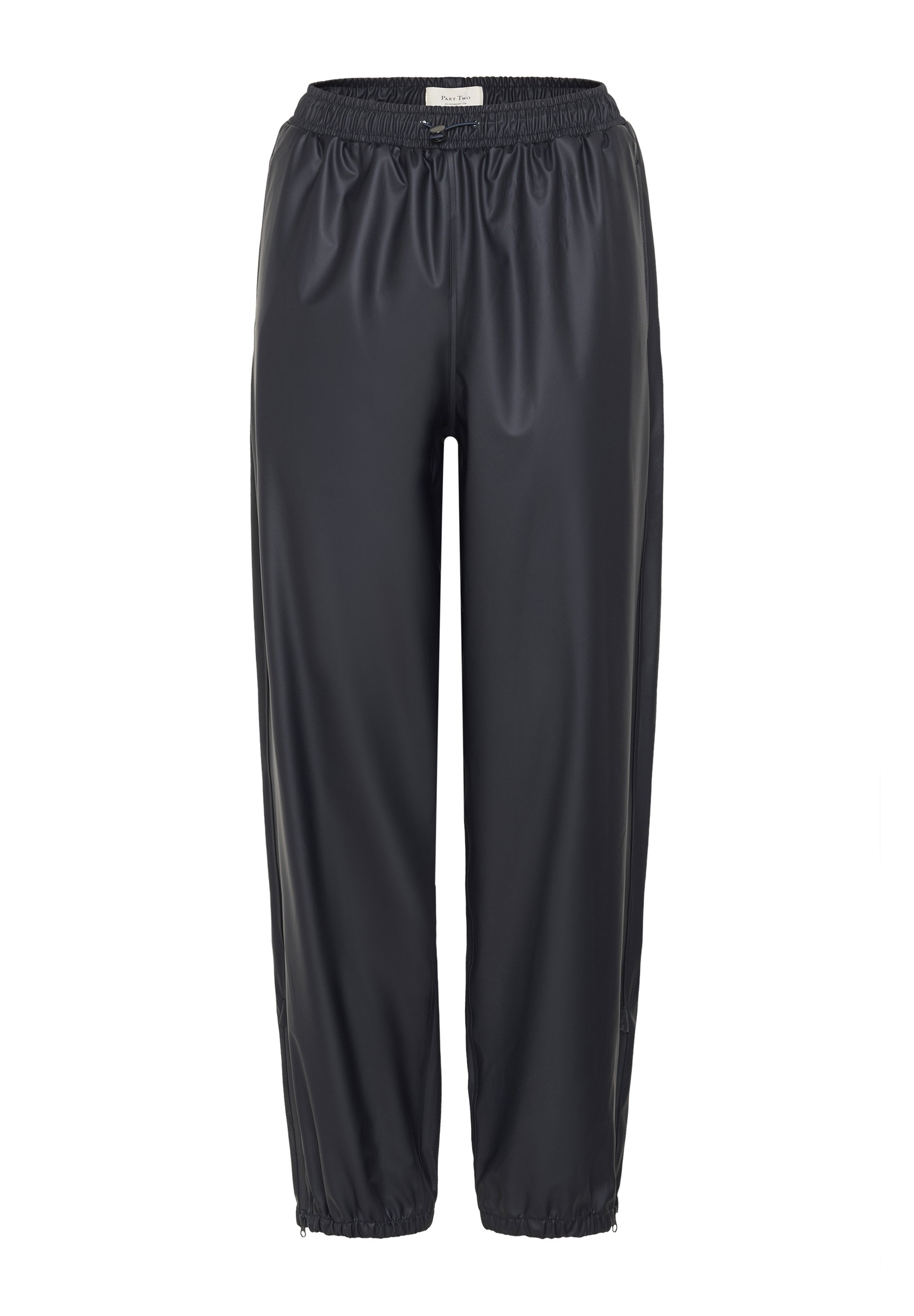 Schwarze synthetische Hose mit elastischem Bund und Bündchen, mit glatter Textur. Gerades Bein Design, geeignet für Freizeitkleidung.