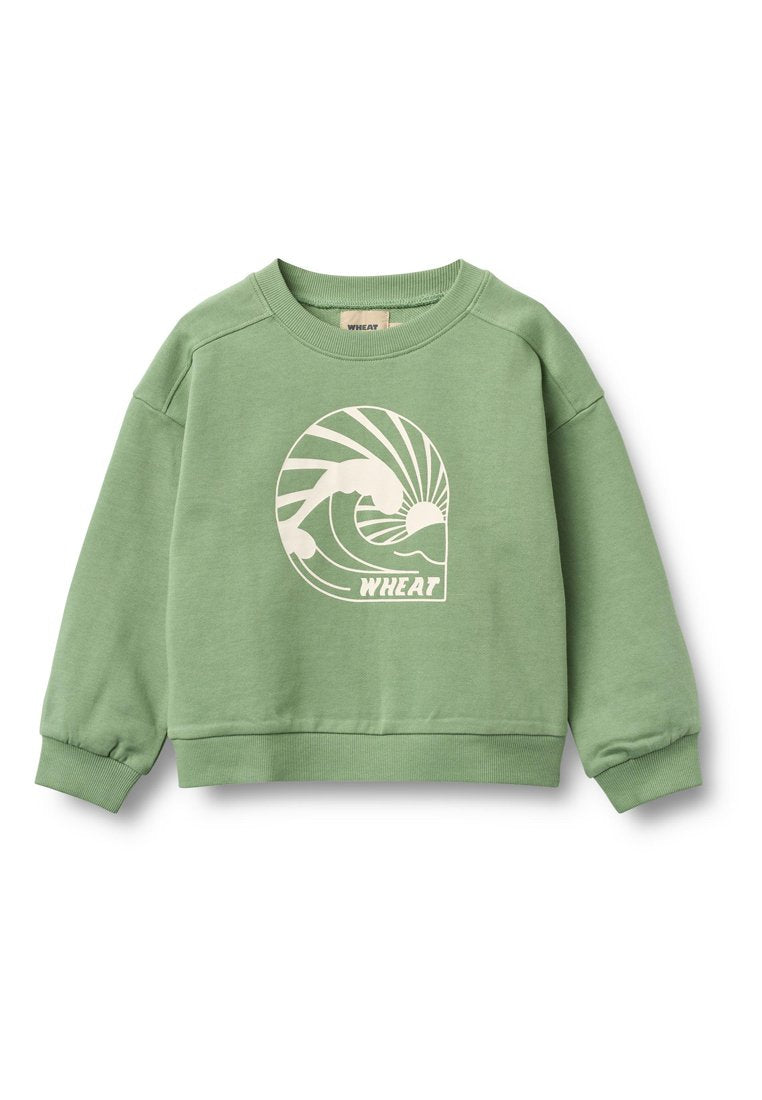 Grüner Sweatshirt aus Baumwollmischung, mit weißem Wellenmotiv und geschwungenen Linien. Gerippte Bündchen und Saum, lässiger Schnitt.