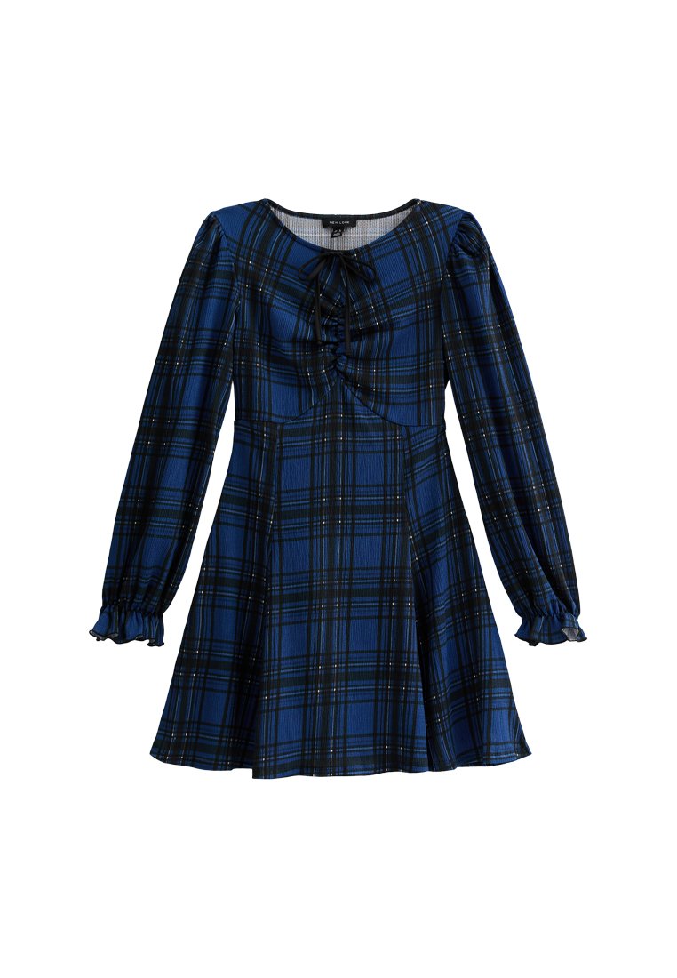 Blau karierter Kleid mit langen Puffärmeln, einem runden Halsausschnitt und einer vorderen Bindeschleife. Strukturstoff mit Schwarz-weiß Akzenten.
