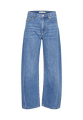 Helles blaufarbene Denim-Weitbeinjeans mit hoher Taille, ausgestattet mit einem Knopf- und Reißverschluss, fünf Taschen und dezenten Auswaschungseffekten.
