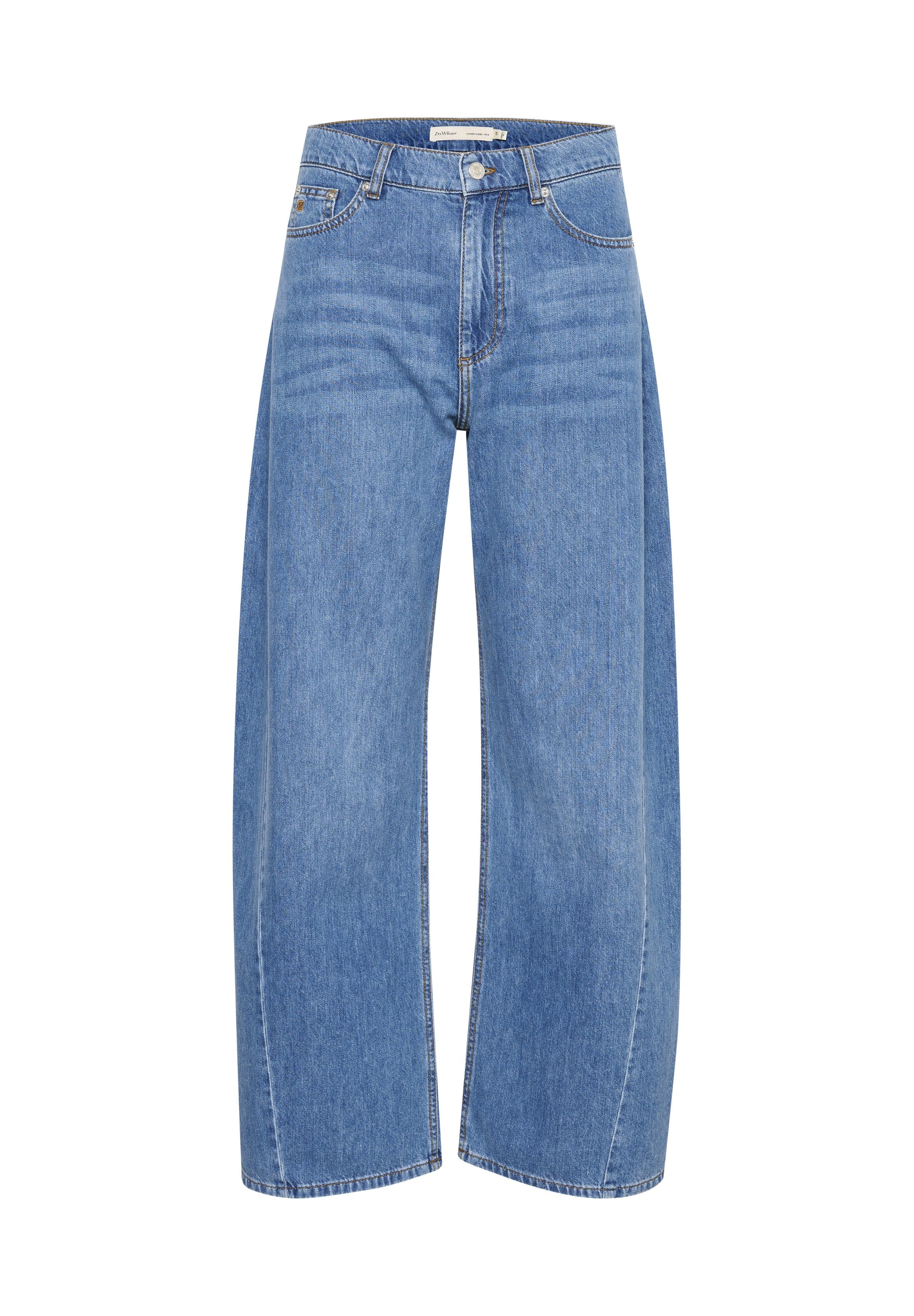 Helles blaufarbene Denim-Weitbeinjeans mit hoher Taille, ausgestattet mit einem Knopf- und Reißverschluss, fünf Taschen und dezenten Auswaschungseffekten.